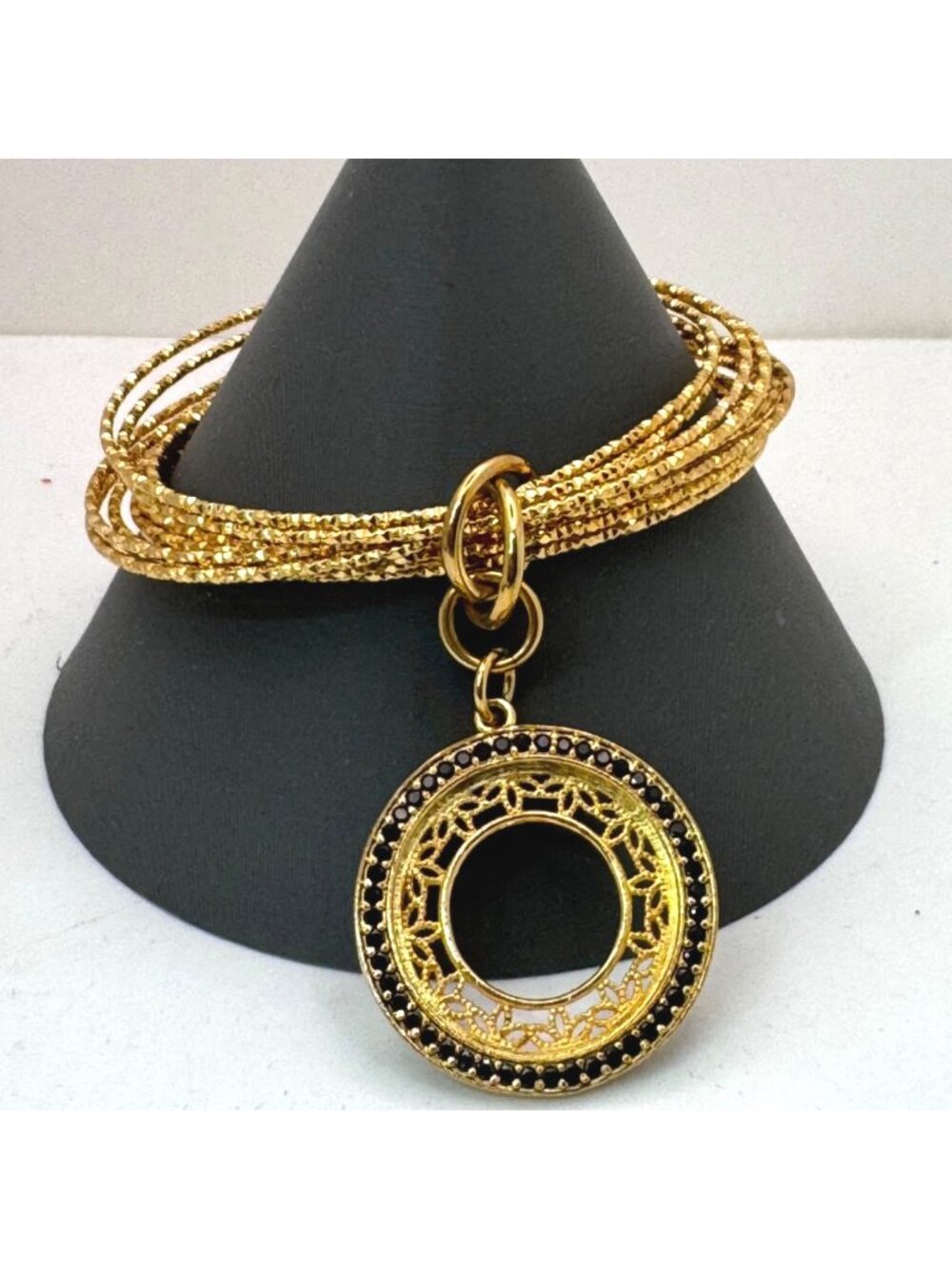 Bellezza Italy Bronze Bangle GoldTone Bracelet Filigree Circle Black Rhinestones